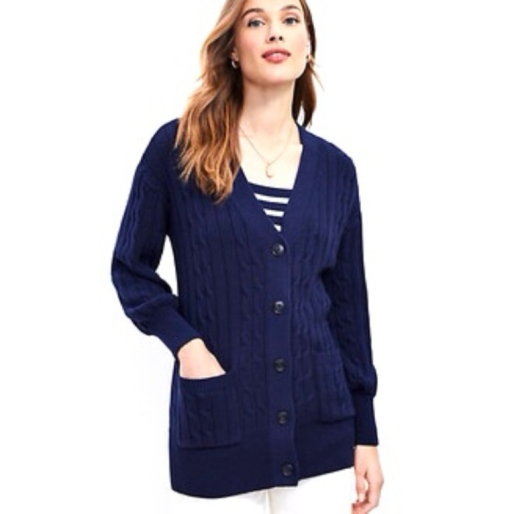 Loft Cotton Cable Knit Cardigan Sweater Women’s Size XS Long Line Academia Navy
